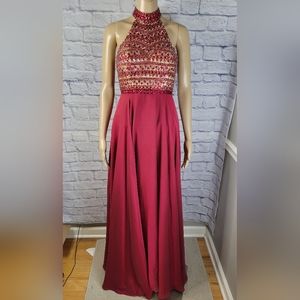 Sherri Hill Cranberry Beaded Maxi Formal Dress Size 2